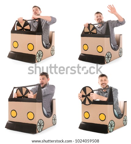 Collage of mature man playing with cardboard car on white background. Dream of buying own auto