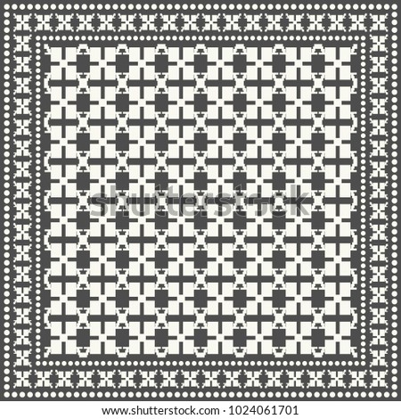 Black and white geometric pattern for textile fabric or paper print. Tribal ethnic ornament with frame border. Bandana shawl, tablecloth, silk neck scarf, kerchief design. Vector fashion illustration