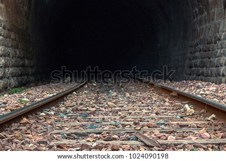 Train tracks and a tunnel in the background. Concept