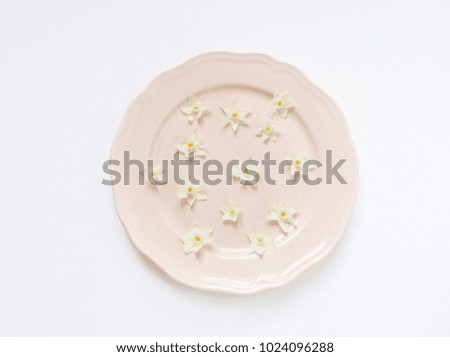 Styled stock photo. Spring, Easter feminine desktop scene with pink plate, narcissus, daffodils flowers and white table. Floral composition, web banner. Top view. Picture for blog or social media.
