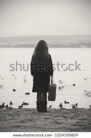 a girl with a suitcase stands and looks at the sea around birds fly