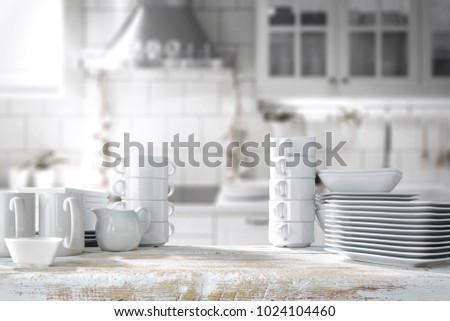 white wooden kitchen with a kitchen mixer and space for an advertising product