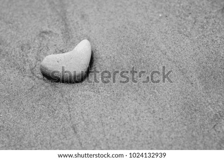 Black and white photo with shallow depth of field of heart shaped stone in the wet sand.