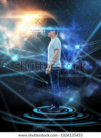 technology, augmented reality, network and people concept - young man with virtual headset or 3d glasses over planet and space background