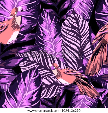 Tropical seamless pattern with leaves and red parrot.Beautiful allover print with hand drawn exotic plants and birds. Swimwear tropical design.
