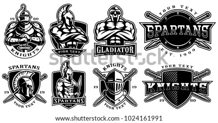 Set of logos, badges with knights, gladiators, spartan warriors. Logo design for fight clubs, fitness center, gym. Text is on the separate layer. (VERSION FOR WHITE BACKGROUND)
