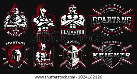 Set of logos, badges with ancient warriors. vector illustration with knight, spartan and gladiator. Perfect for fitness center, gym and fight club. Text is on the separate layers. (On dark background)