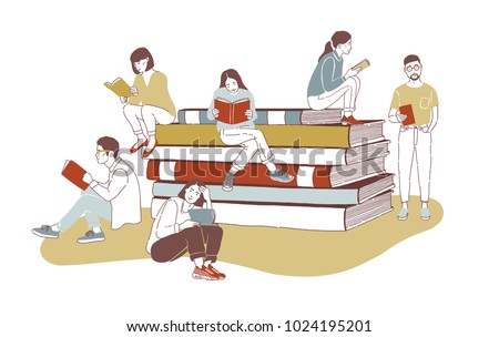 Young stylish male and female readers dressed in trendy apparel sitting on stack of giant books or beside it and reading. Literature fans or lovers. Colored vector illustration in contemporary style.