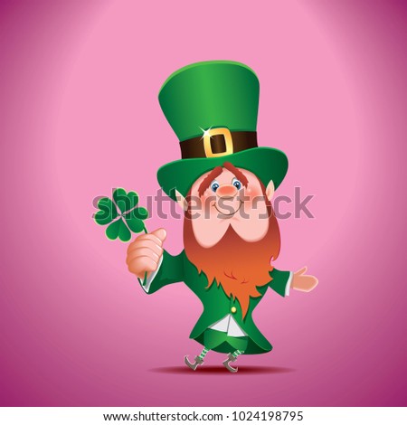Saint Patrick's Day concept.Cartoon of Leprechaun with 4 sheets clover in hand isolated on violet background.Vector illustration for holiday greeting.