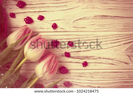 Purple hearts with rose tulips on white painted rustic white wooden background. Valentine Day