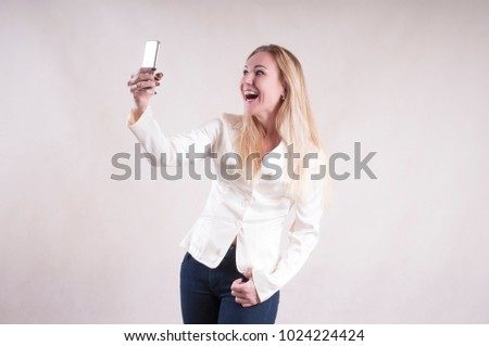 adult woman selfi smartphone studio