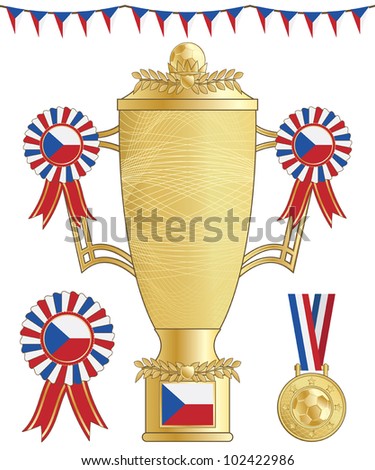 czech republic football trophy, medal and rosette, isolated on white