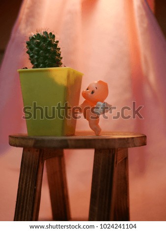 A cactus in the yellow pot and a cupid