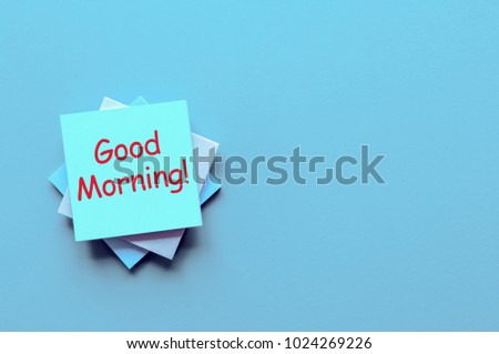 Notes Good morning on blue rustic table from above, vintage card, top view, flat lay with empty space for mock up and template