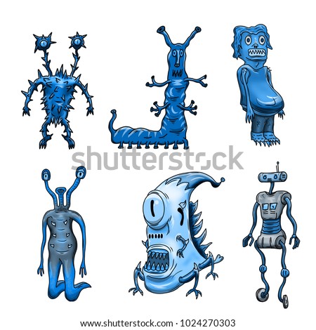 Crazy strange blue space alien monster set of 6. Original hand drawn illustrations on white background.