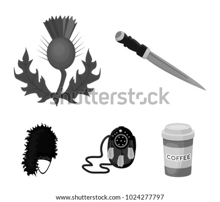 National Dirk Dagger, Thistle National Symbol, Sporran,glengarry.Scotland set collection icons in monochrome style vector symbol stock illustration web.
