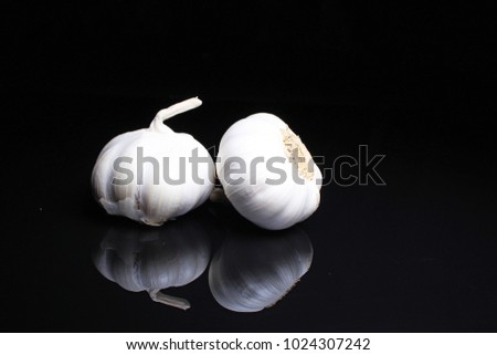 Garlic on black reflective studio background. Isolated black shiny mirror mirrored background for every concept.