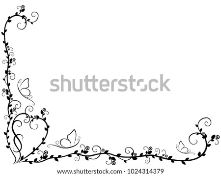 Pattern with black ornate floral elements on the white background, vector artwork