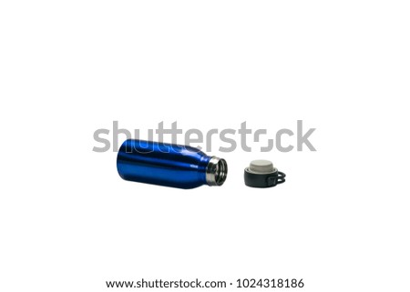 Blue stainless thermos bottle isolated on white background. Clipping path included.