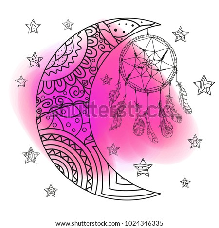 Crescent. Moon and stars with abstract patterns. Dreamcatcher. Watercolor spot. Colored aquarelle blotch. Design zentangle. Design for spiritual relaxation for adults. Bright stain. Print for t-shirts