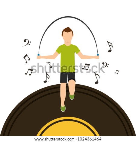 sport man jumping rope with vinyl disk musical note