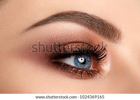 Close up of blue woman eye with beautiful brown with red and orange shades smokey eyes makeup. Modern fashion make up. Royalty-Free Stock Photo #1024369165