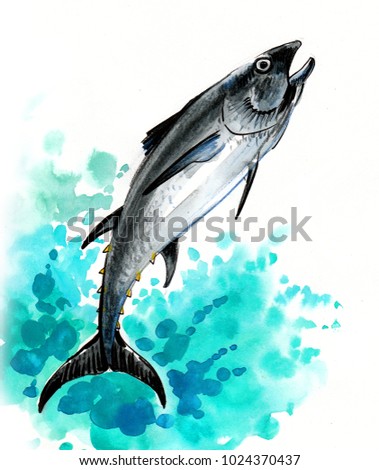 Jumping tuna. Watercolor illustration