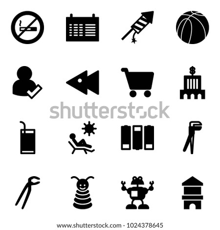 Solid vector icon set - no smoking sign vector, schedule, firework rocket, basketball ball, user check, fast backward, cart, bank building, drink, beach, battery, plumber, pyramid toy, robot