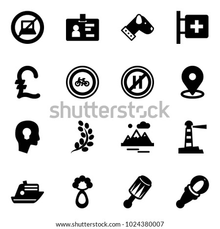 Solid vector icon set - no computer sign vector, identity, dog, first aid room, pound, bike road, parking even, map pin, head bulb, golden branch, mountains, lighthouse, cruiser, beanbag