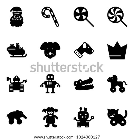 Solid vector icon set - santa claus vector, lollipop, sleigh, dog, crown, robot, crocodile, wheel horse, elephant, doll, toy cat