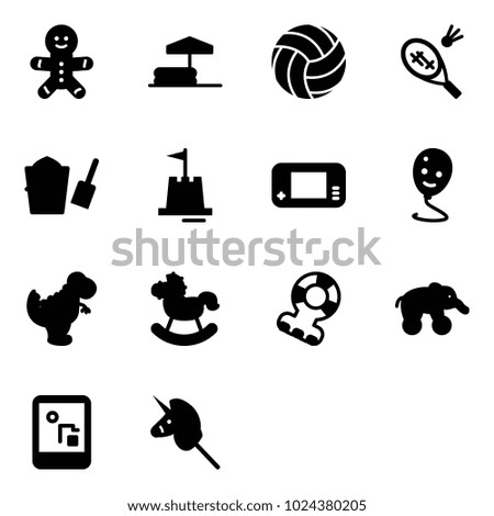 Solid vector icon set - cake man vector, inflatable pool, volleyball, badminton, bucket scoop, sand castle, game console, balloon smile, dinosaur toy, rocking horse, teethers, elephant wheel