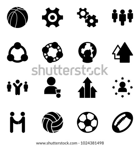 Solid vector icon set - basketball ball vector, gear, group, social, friends, man globe, arrow up, team leader, winner, arrows, star, agreement, volleyball, soccer, football