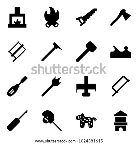 Solid vector icon set - fireplace vector, fire, saw, axe, bucksaw, mason hammer, rubber, jointer, chisel, wood drill, milling cutter, metal hacksaw, awl, horse stick toy, block house