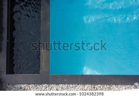 Top view of swimming pool with gravel and black marble in border.