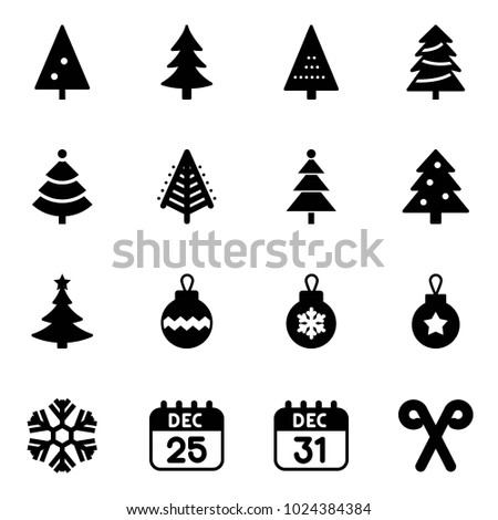 Solid vector icon set - christmas tree vector, ball, snowflake, 25 dec calendar, 31, santa stick