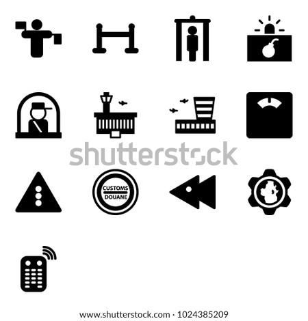 Solid vector icon set - traffic controller vector, vip zone, metal detector gate, terrorism, officer window, airport building, floor scales, light road sign, customs, fast backward, gear globe