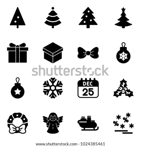 Solid vector icon set - christmas tree vector, gift, bow, ball, snowflake, 25 dec calendar, holly, wreath, angel, santa sleigh, sale
