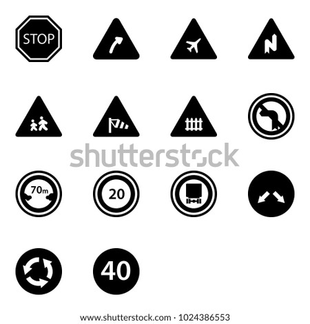 Solid vector icon set - stop vector road sign, turn right, airport, abrupt, children, side wind, railway intersection, no left, limited distance, speed limit 20, dangerous cargo, detour, circle