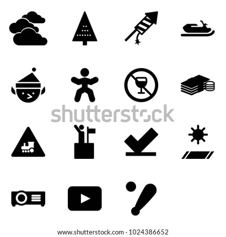 Solid vector icon set - clouds vector, christmas tree, firework rocket, snowmobile, elf, gymnastics, no alcohol sign, cash, railway intersection road, win, check, mat, projector, playback