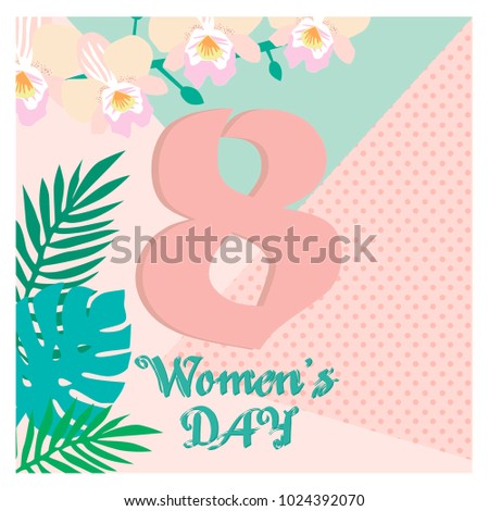 International Woman's Day greeting card with tropical flowers. Vector illustration