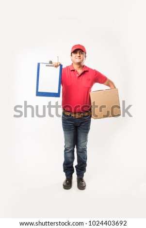 Indian/Asian Handsome Delivery Man with Box and Check List, isolated over white background