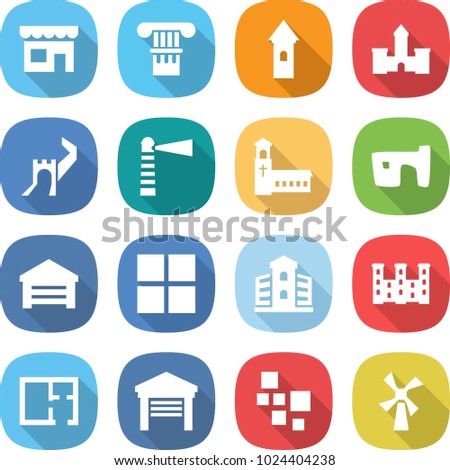 flat vector icon set - shop vector, column, tower, castle, greate wall, lighthouse, church, slum, garage, window, building, palace, plan, blocks, windmill