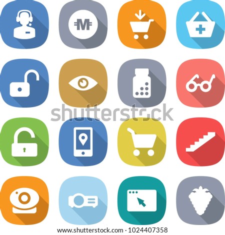 flat vector icon set - call center vector, crypto currency, add to cart, basket, unlock, eye, pills bottle, pacemaker, mobile location, stairs, web camera, projector, browser window, berry