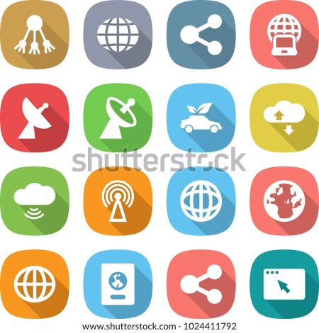flat vector icon set - share vector, globe, notebook, satellite antenna, eco car, cloud service, wireless, passport, browser window