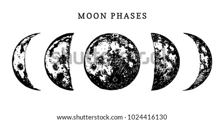 Moon phases image on white background. Hand drawn vector illustration of cycle from new to full moon. Royalty-Free Stock Photo #1024416130