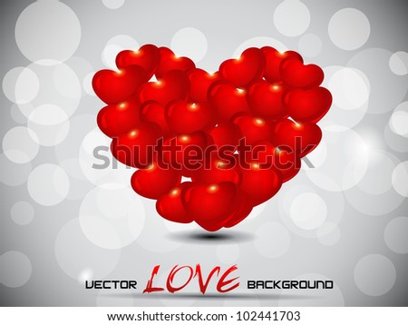 Abstract greeting, gift card or flyer with shiny heart shape  made with small heart shapes in red  color on grey abstract love background. EPS 10.