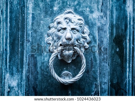 Close-up of an antique metal doorknob with a lion face on a wooden door. Old bronze traditional knocker. Concept for antique, gothic, mistery