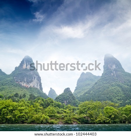 Beautiful Yu Long river Karst mountain landscape in Yangshuo Guilin, China
