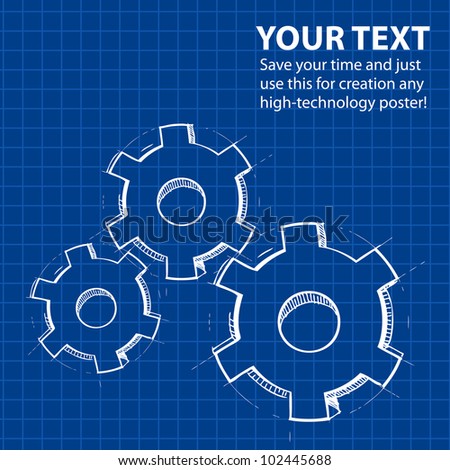 Techno blue background with hand drawing gears and sample text. Vector illustration