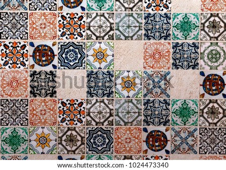 Wall ceramic tiles pattern  floral mosaic, Floral patchwork tile design. Colorful  Mediterranean square tiles, mosaic ornaments. tile mosaic background, 